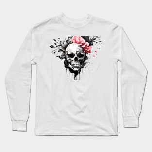 Flowery Skull Ink Dripping Effect Long Sleeve T-Shirt